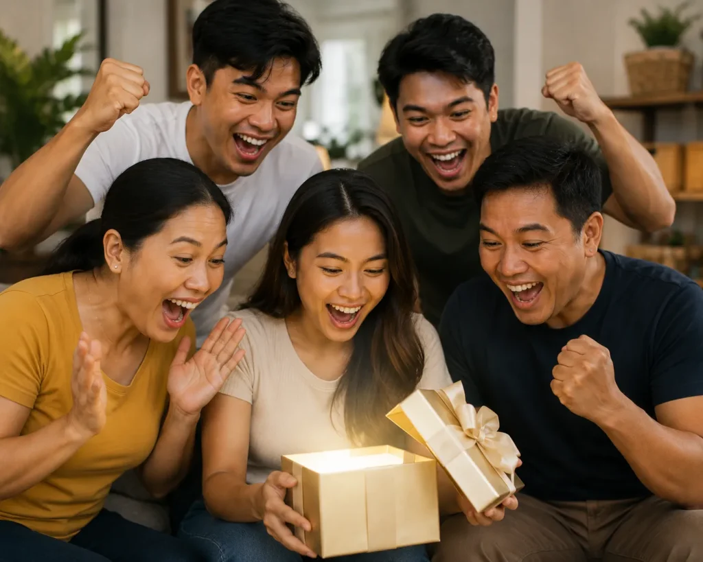 nustar Family joyfully unwrapping a gift nustar Family joyfully unwrapping a gift